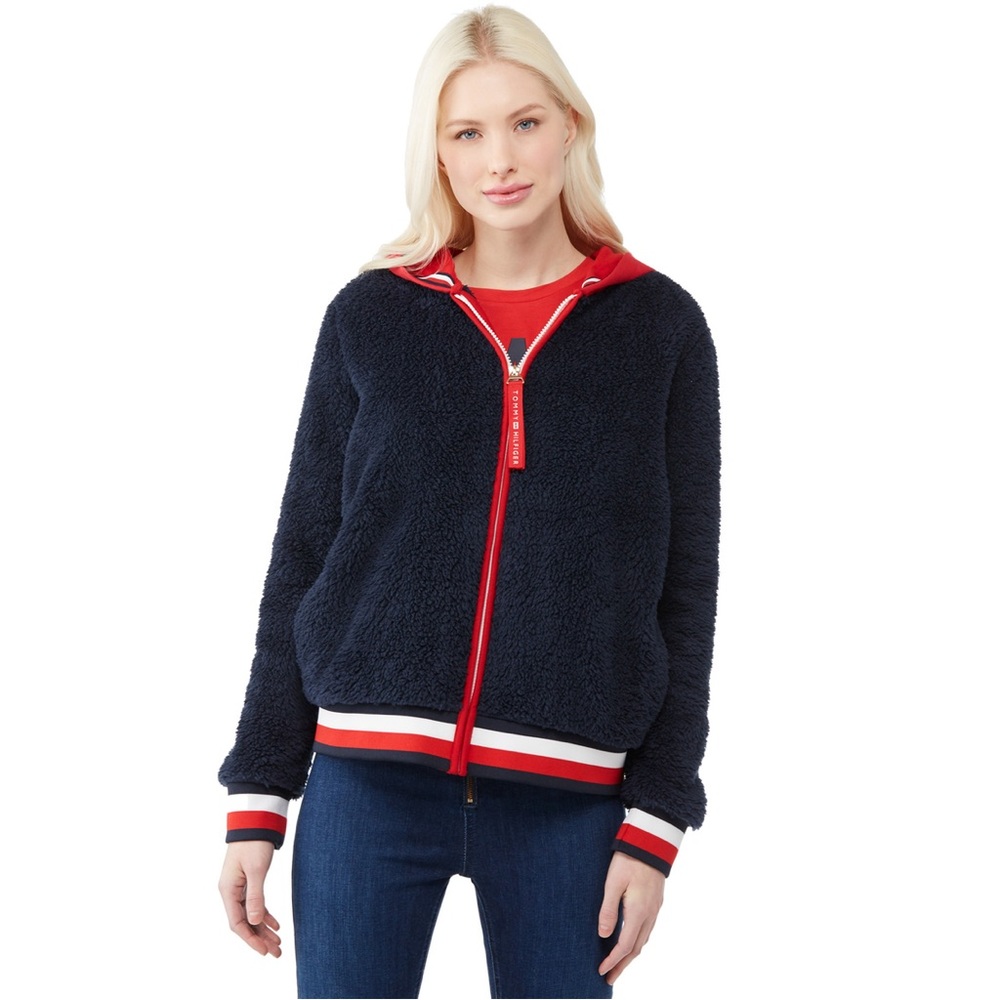 Tommy Hilfigher Navy Fleece Red Hood Zip Up Stripe Tommy Logo Sweater Size M